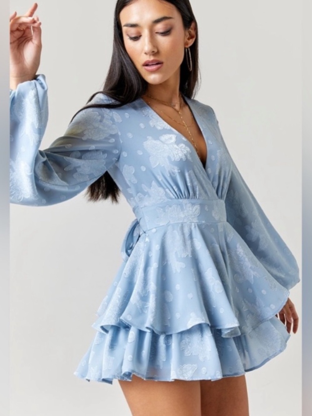 Francesca’s - Blue Rain Pale Blue Floral Textured Mini Dress/Romper